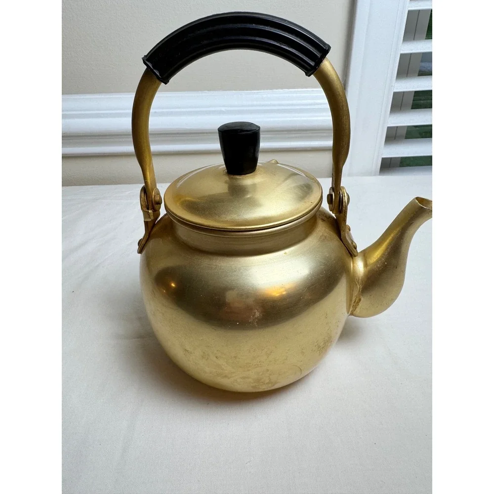 Vintage Gold Aluminum Tea Kettle 1QT Small Stovetop Teapot Farmhouse Decor